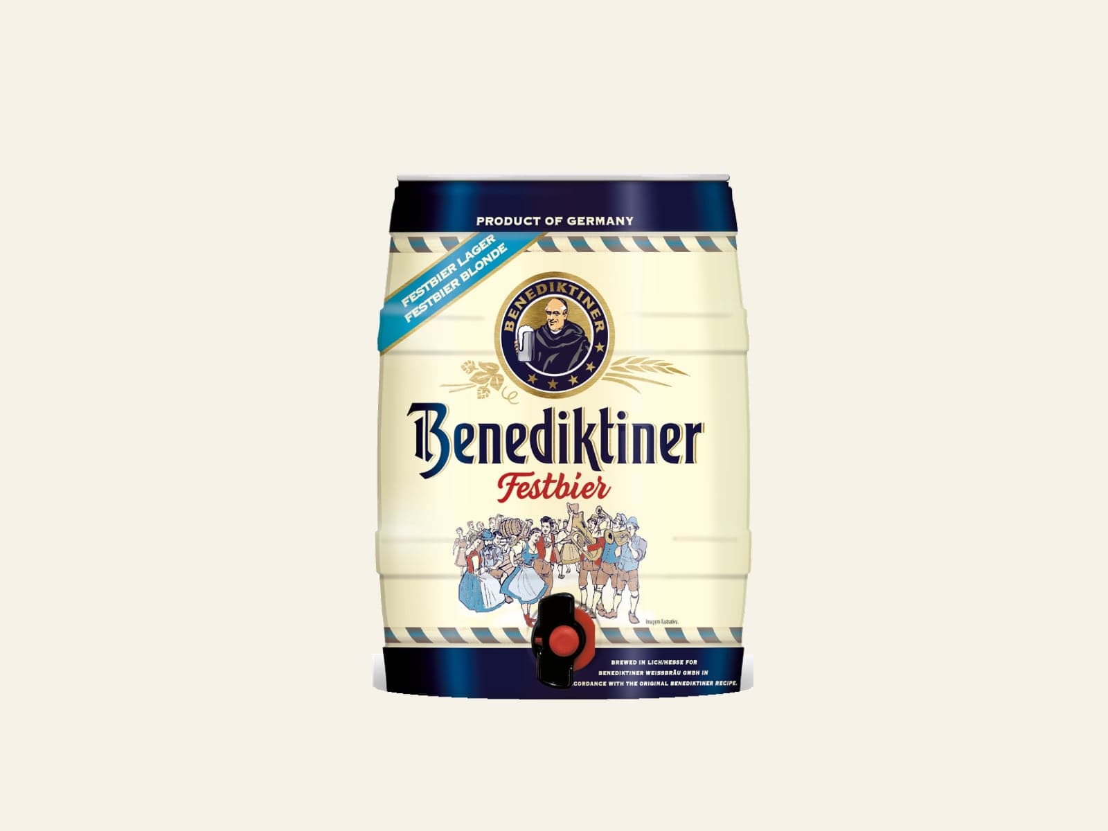 Bom 5L Benediktiner Festbier, nhãn in hình người dân mặc trang phục lễ hội Bavaria