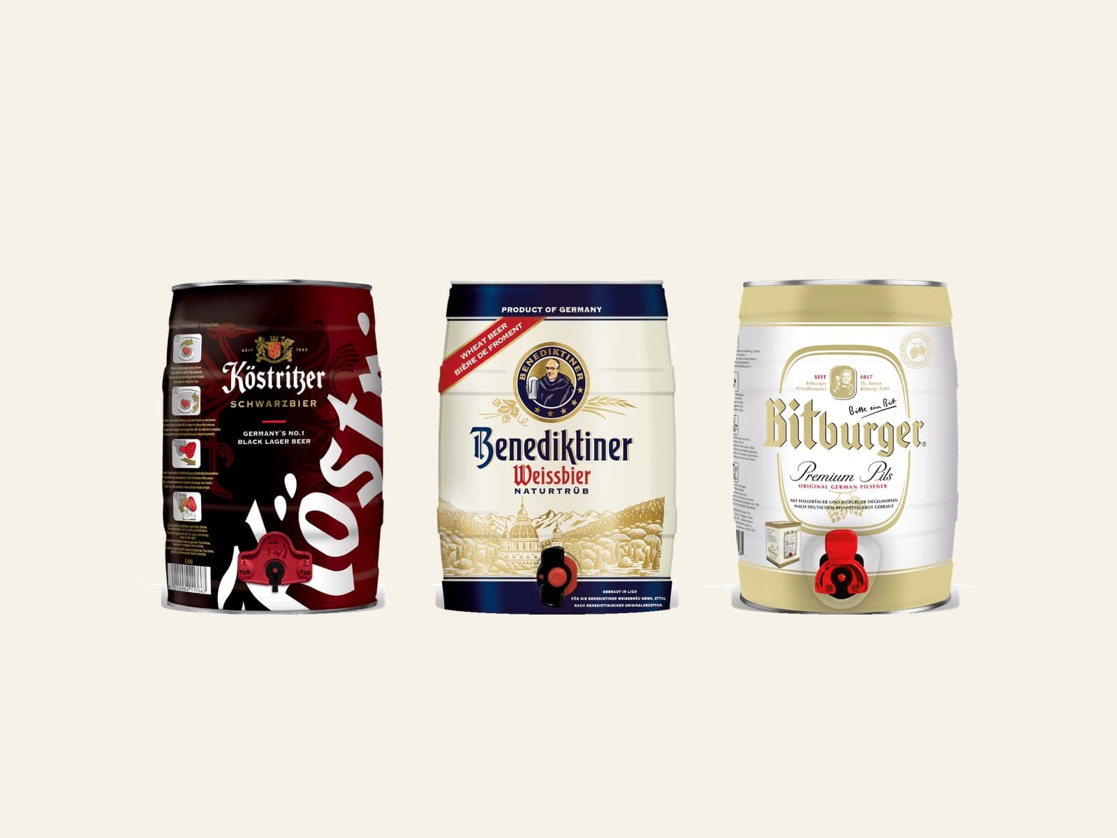 Ba bom bia 5L Köstritzer Schwarzbier, Benediktiner Naturtrüb và Bitburger Premium Pils có vòi rót gắn sẵn
